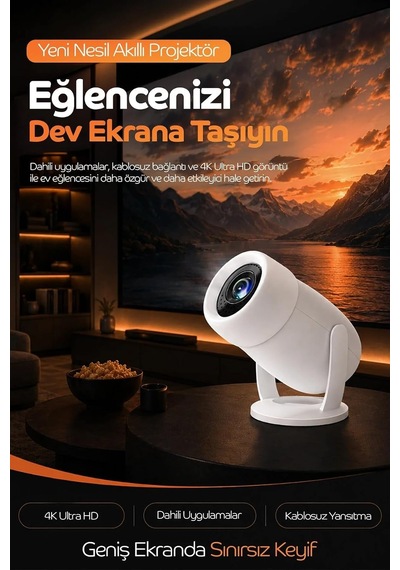 Taşınabilir 4k Android Projektör Wifi Bluetooth Destekli Akıllı Sinema Projeksiyon Cihazı Ekran Yansıtma