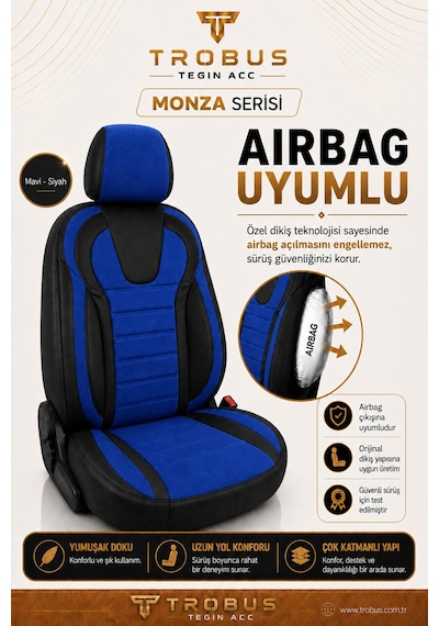 Tofaş Kuş 1993+ Uyumlu Monza Serisi Mavi Siyah Oto Koltuk Kılıfı