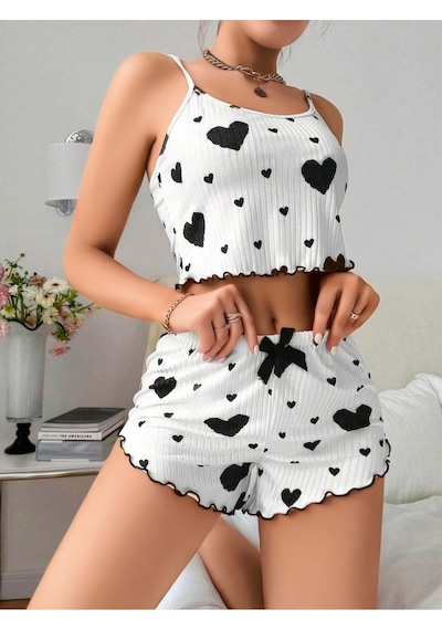 Jhena Siyah Kalp Desenli Pileli Atletli Ve Şortlu Kadın Penye Gecelik, Kadın Seksi Ev Giyim Pijama Ekru K.Puantıye