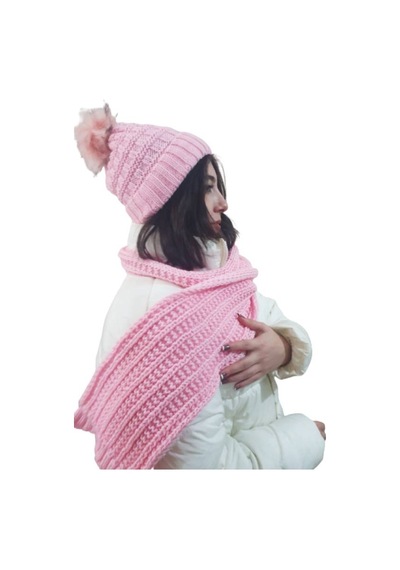 Edwol Kadın Atkı Bere Takımı Pembe