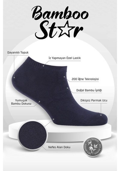 Bamboo Star Bambu Erkek Patik Düz Lacivert Çorap Dikişsiz Premium Kutulu 6'lı