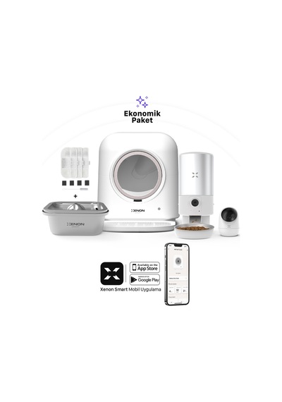 Xenon Smart Akıllı Otomatik Kedi Tuvaleti 5lt Hazneli Mama Kabı Çelik Su Pınarı İç Mekan Kamera Ve Yedek Filtre 5'li Pet Seti