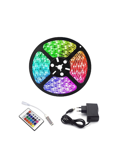 Rgb Şerit 5 Metre 16 Renkli Kumandalı Adaptörlü Çift Taraflı Bant Çok Renkli