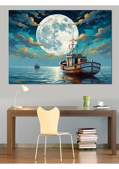 Ahşap Tablo Gece Denizde Ay Ve Tekne İnsan Figürlü Tablolar