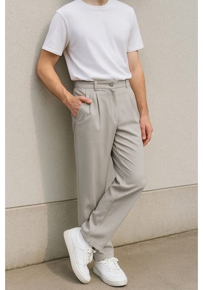 Cedy Denim Yüksek Kalite Erkek Yüksek Bel Pileli Baggy Chino Pantolon C358 Taş Rengi