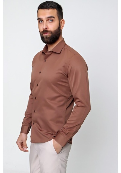 Efor Slim Fit Pamuk Saten Klasik Açık Kahve Gömlek Gk 604 Kahverengi