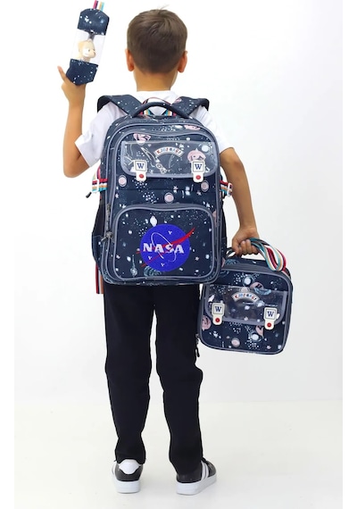 Nasa 3'lü Çanta Sırt Çantası Beslenme Çantası Kalemlik Çocuk İlkokul Çantası Peluş Oyuncak Hediyeli Lacivert