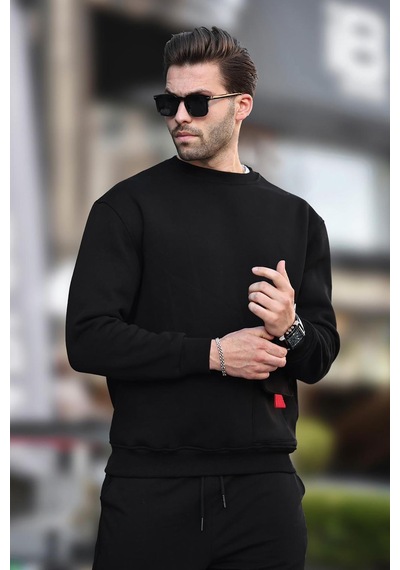Madmext Siyah Bisiklet Yaka Şardonlu Cep Detaylı Baskılı Erkek Sweatshirt 7061 Siyah