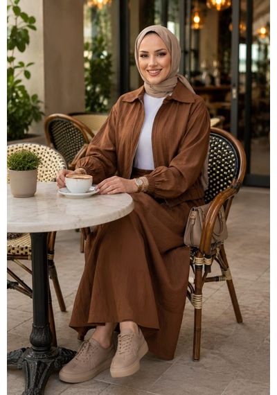 Hb Harma Time Butik Kadın Fermuarlı Çilek Kumaş Kahverengi Ceket Etek İkili Takım