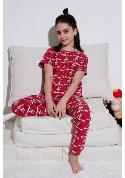 Lela % 100 Pamuk Bisiklet Yaka Kısa Kollu Kız Çocuk Pijama Takımı 6651004 Kırmızı