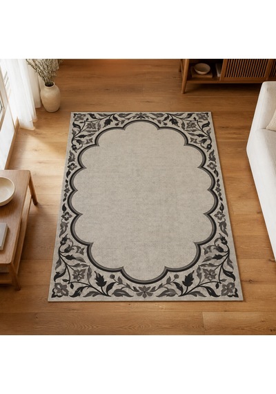 Kartela Halı Bulut Çerçeveli Klasik Halı Antrasit Kaymaz Taban Makinede Yıkanabilir 80x120 Cm