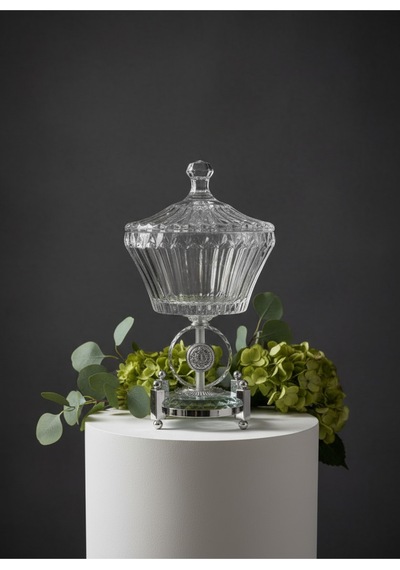 Çnr Home Collection Ultra Lüx Kristal Kapakli Şekerlik Gold Detayli Büyük Kase Gümüş