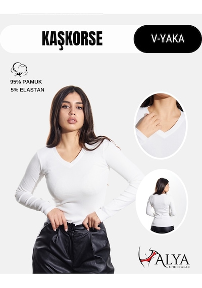 Alya Underwear Pamuklu Kaşkorse V Yaka Body Sweatshirt, Fitilli Kumaş Likralı Bluz, Asker Yeşili Badi Beyaz