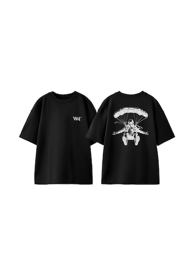 Thewert Paraşutle İnen Adam Tasarım Sırt Baskılı Pamuk Siyah Oversize T-shirt