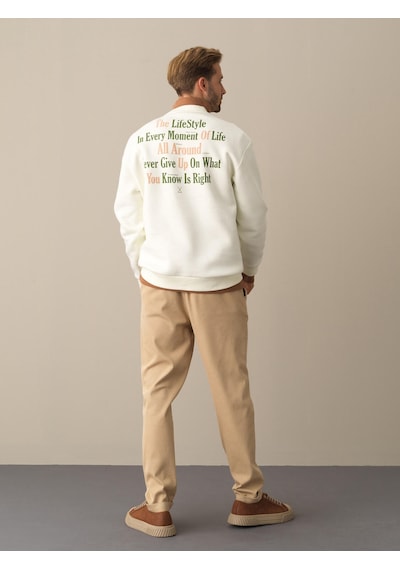 Xint Ekru Oversize Bisiklet Yaka Pamuklu Sweatshirt 300281