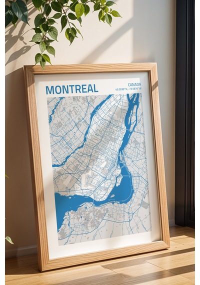 Montreal Kanada Haritası Çerçeveli Tablo Lüks Salon Ofis Duvar Dekorasyonu Hediyelik Tablo Kayın