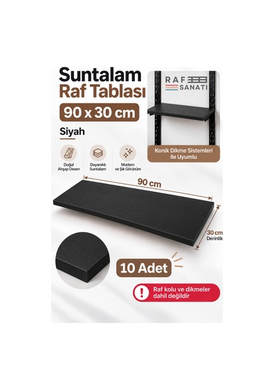 10 Adet - 90x30 Cm Suntalam Mağaza Rafı Siyah Geniş Ahşap Raf Tablası Konik Dikme Uyumlu