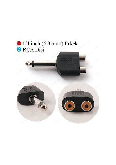 6.35mm 1/4 Erkek Mono - 2RCA Dişi Çevirici Adaptör