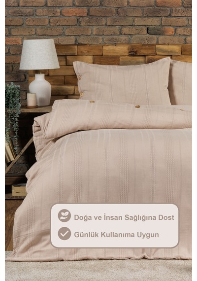 Elart Tiara Nevresim Takımı Tek Kişilik Lastikli Çarşaf %100 Pamuk Ranforce Ahşap Düğmeli 160x220 Cm Bej Bej