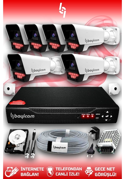 Bayicam 6 Kameralı Süper 6 Dış Kamera Set 320 GB 5 MP 2K Net Gece Görüşlü Güvenlik Kamerası Sistemi