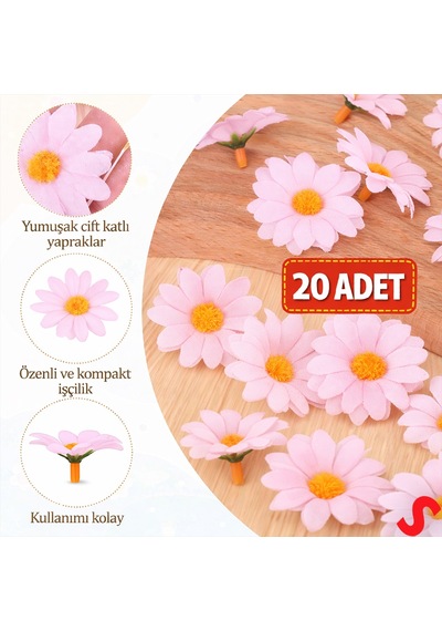 Yapay Papatya Çiçek Kafası 4 Cm X 20 Adet - Pembe Renkli