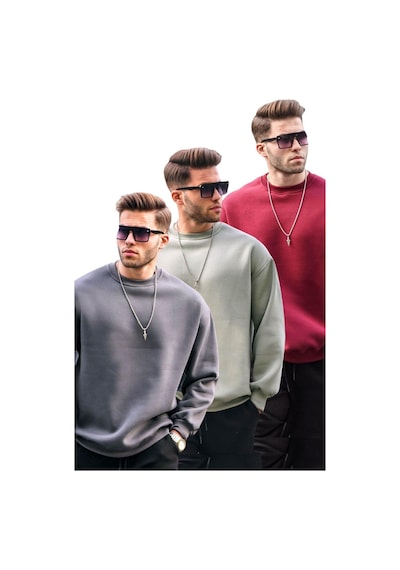 Madmext Füme/mintyeşili/bordo Bisiklet Yaka Oversize Şardonlu Basic Erkek 3'lü Paket Sweatshirt E7448 Füme/mintyeşili/bordo