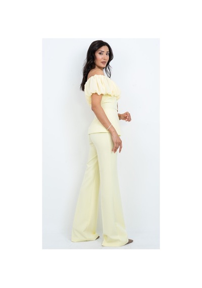 Dorne Moda Özel Koleksiyon Straplez Madona Yaka Volanlı Kemerli Bluz Ve Pantolon İkili Takım- Düğün - Mezuniyet - Ofis Şıklığı Sarı Sarı