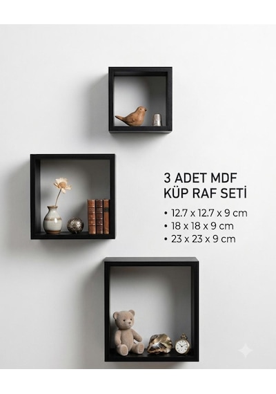 3 Lü Dekoratif Duvar Rafı Küp Raf Modern Kitaplık Rafı Duvara Monte Siyah