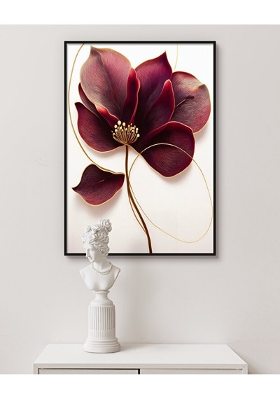 Tablo Ahşap Çerçeveli Tablo Çerçeveli Poster Bordo Altın Çizgili Çiçek Temalı Tablo