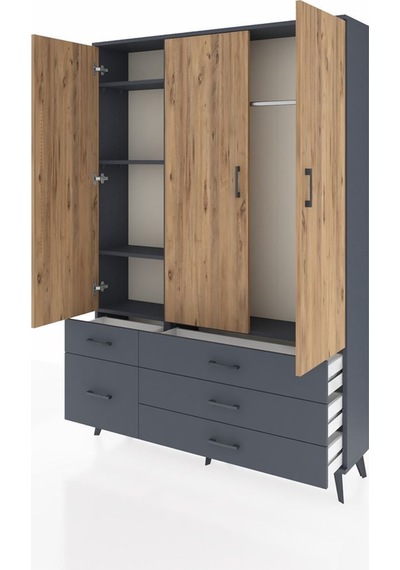 Arges Dolap 5 Raflı 5 Çekmeceli Tek Askılı 132x30x195 Antrasit-çam/antrasit Atlas Çam/antrasıt
