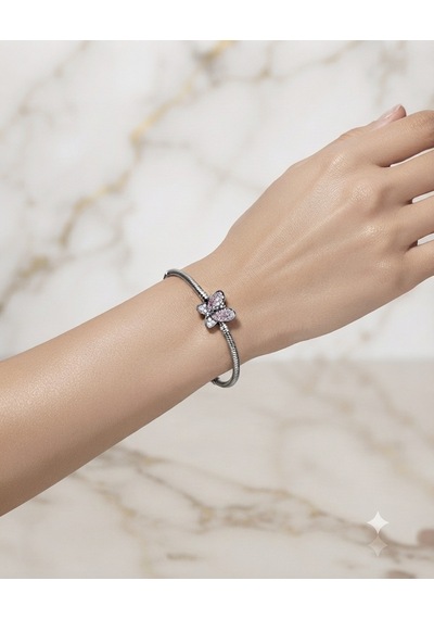 Kadın Kelebek Model Pembe Taş Detay Gümüş Charm