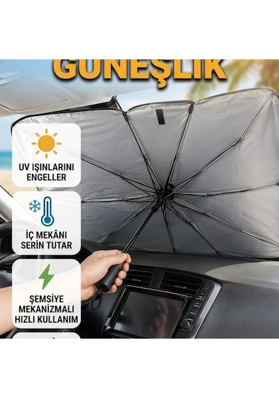 Katlanabilir Araç Güneşliği 125x65 Cm Uv Koruyucu Ön Cam Güneşlik Şemsiye Tasarım
