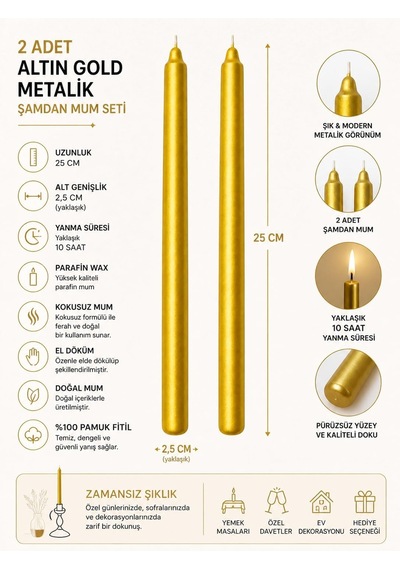 2'li Altın Gold Metalik Şamdan Mum Seti 25 Cm Dekoratif İnce Şamdan Mum, Kokusuz Parafin Wax,%100 Pamuk Fitil, E Çok Renkli