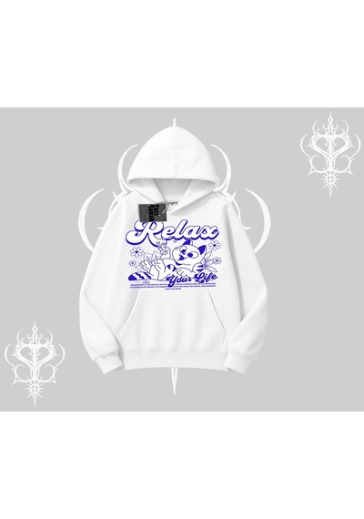 Startmore Relax Kedi Baskılı Kapşonlu Sweatshirt Beyaz