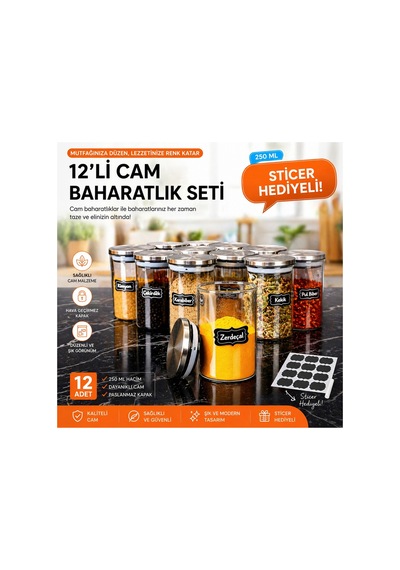 Etiketli 250 Ml Metal Kapaklı 12 Adet Cam Kavanoz Baharatlık Seti Diğer