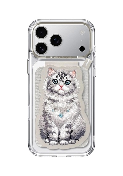 Manyetik Standlı İphone 18 Pro Uyumlu 3d Nakışlı Kolyeli Kedi Değiştirilebilir Kartlıklı Kılıf Gri
