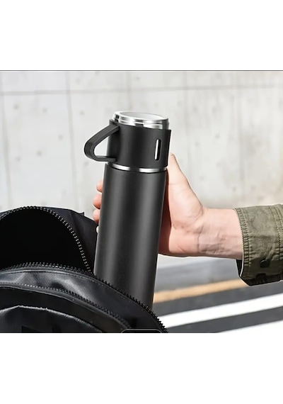 Termos Seti, Paslanmaz Çelik Termos 500ml, 2 Fincan İle, Seyahat Seti, Siyah Diğer