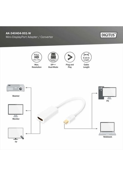 Dıgıtus Ak-340404-001-w Mini Displayport Dp Hdmi Adaptör Kablosu, Mini Dp Erkek - Hdmi Tip A Dişi,