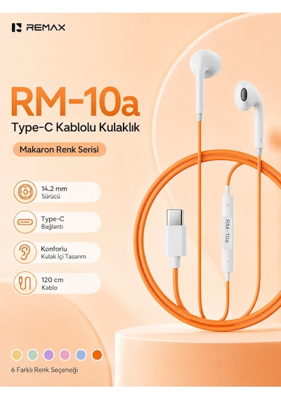Remax 14.2mm Sürücülü Mikrofonlu Kulak İçi Kablolu Kulaklık - Type-c Rm-10a Turuncu