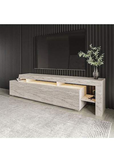 Beliz Modern LED Işıklı 3 Kapaklı, Raflı TV Sehpası – 192 cm, Traverten Beliz Modern LED Işıklı 3 Kapaklı, Raflı TV Sehpası – 192 cm, Traverten