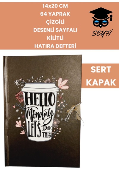 14x20 Cm 64 Yaprak Çizgili Desenli Sayfalı Kilitli Hatıra Defteri Günlük Kahve Seri Coffee Notebook Kahve-5