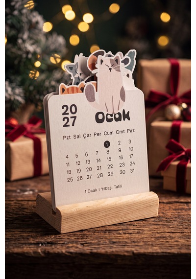 Ahşap Standlı Özel Kesim Kedi Tasarımlı 2027 Masaüstü Takvimi 8,5x12 Cm - Sevimli Yeni Yıl Hediyesi Çok Renkli