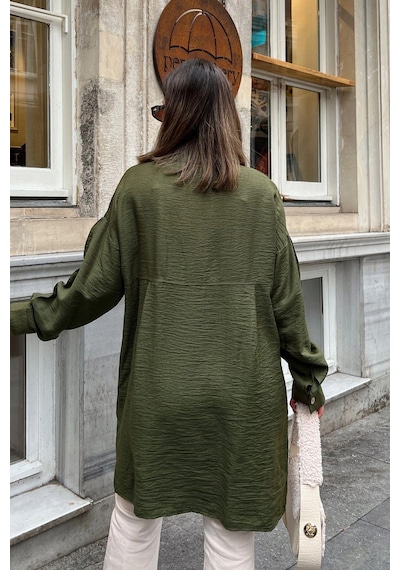 WeShaya Kadın Haki Balon Kol, Pileli, Yırtmaçlı, Oversize, Keten Tunik Gömlek Haki
