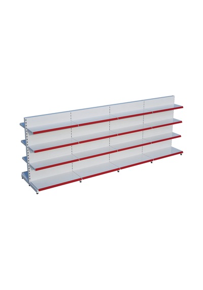 Beyaz Metal Çift Yönlü Orta Reyon 4 Katlı 4'li Birleşik Market Raf Sistemi Market Rafı G360cm Yükseklik H140 Cm Kırmızı