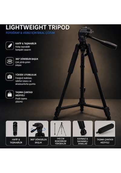 140 Cm Profesyonel Telefon Kamera Tutucu Çantalı Tripod 360 Döner Başlıklı Hafif Taşınabilir Siyah