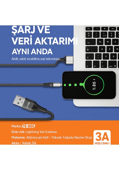 Apple Uyumlu iPhone 1 Metre Lightning Hızlı Şarj Ve Veri Aktarım Kablosu 3a Güçlü Akım Naylon Örgü Dayanıklı Tasarım