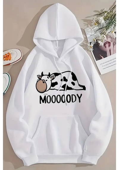 Uyguntarz Mooooody Baskılı Unisex Oversize Sweatshirt beyaz
