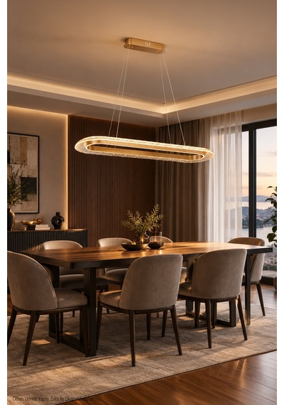 Atena Led Avize - Kristal Cam Efektli Oval Lüks Salon Ve Yemek Odası Aydınlatması Eskitme Eskitme