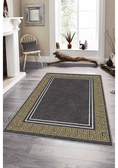 Füme Gold Çerçeveli Kaymaz Tabanlı Dekoratif Halı Rv044n11 Füme - Gold
