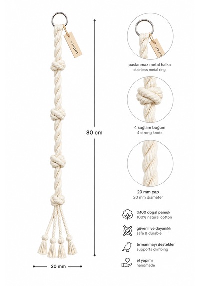 Papağan Tırmanma Halatı 80 Cm Çap 20 Mm %100 Doğal Kafes Oyuncağı Stres İpi Pamuk Halat Sultan, Konur, Monk, Lori